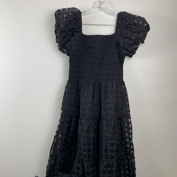 NWTPretty Garden Puff Sleeve Smocked Tiered Dress Sheer Midi Black Cottagecore-L - Picture 4 of 13